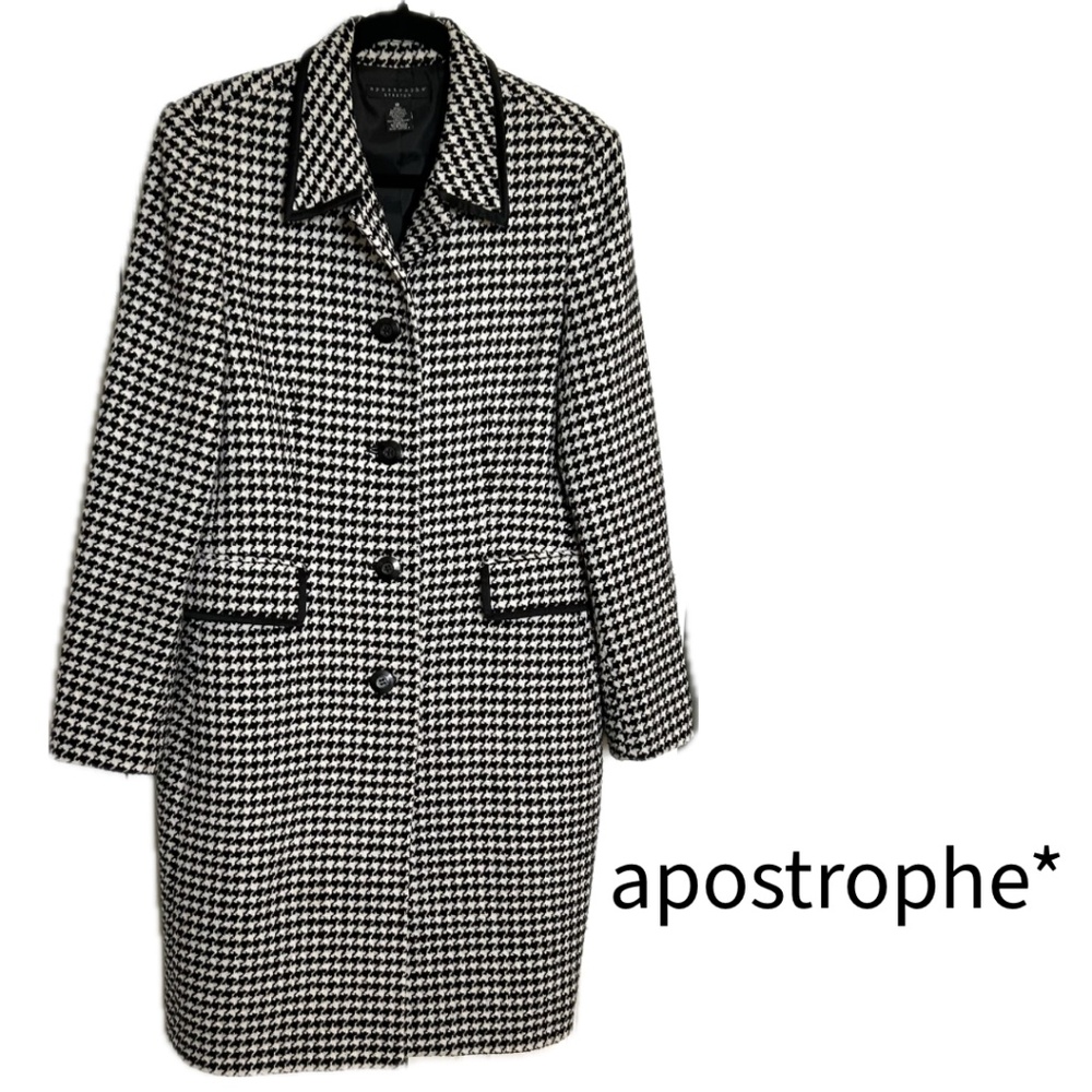 apostrophe Tailored Black/Off White Houndstooth Stretch Wool Blend Coat Size 12